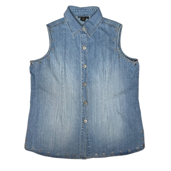 ASHLEY STEWART Vintage Cotton Grommet Trim Collard Sleeveless Button Up Blouse - Picture 11 of 11